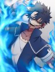  1boy black_hair blue_eyes blue_fire blue_jacket boku_no_hero_academia burn_scar cheek_piercing dabi_(boku_no_hero_academia) ear_piercing fire highres iorieggs514 jacket male_focus messy_hair multiple_scars open_mouth piercing pyrokinesis scar scar_on_neck solo staple stapled teeth 