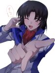  1boy absurdres bangs black_hair blush brown_eyes headset highres jacket makabe_kazuki male_focus one_eye_closed parted_bangs pointing red_scarf scarf shigenomiya smile solo soukyuu_no_fafner speech_bubble upper_body white_background white_jacket 