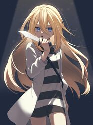  1girl bangs black_shorts blonde_hair blue_eyes cowboy_shot floating_hair hair_between_eyes highres holding holding_knife jacket knife long_hair long_sleeves looking_at_viewer open_clothes open_jacket rachel_gardner satsuriku_no_tenshi shiny shiny_hair shirt short_shorts shorts solo standing straight_hair striped striped_shirt tooru_(jux) very_long_hair white_jacket 