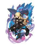  1girl absurdres black_footwear black_sclera blonde_hair coat colored_sclera commentary cynthia_(pokemon) fur-trimmed_coat fur_trim garchomp hair_over_one_eye hand_on_hip high_heels highres looking_at_viewer official_art pants poke_ball poke_ball_(basic) pokemon pokemon_(creature) pokemon_(game) pokemon_dppt sharp_teeth smile symbol-only_commentary teeth yellow_eyes 