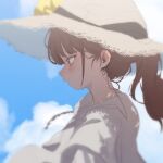  1girl blue_sky blush brown_eyes brown_hair closed_mouth clouds cloudy_sky commentary day dress from_side grey_headwear hat heoningu long_hair looking_away original outdoors ponytail sky solo straw_hat sweat symbol-only_commentary white_dress 