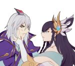  angry blue_eyes braid brown_hair caress divine_sword_irelia dress enduring_sword_talon irelia league_of_legends makeup parasol_x768 ponytail scratching_head talon_(league_of_legends) white_background white_dress white_hair 