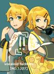  1boy 1girl aqua_background aqua_eyes back-to-back blonde_hair blue_eyes character_name copyright_name cover cover_page eyebrows_hidden_by_hair eyewear_removed gradient_eyes hair_between_eyes holding holding_clothes holding_eyewear kagamine_len kagamine_rin looking_at_viewer manga_cover merchandise multicolored_eyes necktie nunosei open_mouth sailor_collar shirt short_sleeves simple_background sunglasses teeth upper_teeth vocaloid white_shirt yellow_bag yellow_necktie 