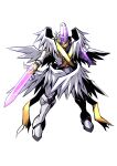  1boy arm_blade armor armored_boots bangs blade blonde_hair boots closed_mouth colored_skin digimon digimon_adventure full_body gauntlets grey_background helmet highres holyangemon knee_boots long_hair male_focus mitosupa_(qsiqydfz7nesh9w) multiple_wings simple_background solo weapon white_skin white_wings wings 