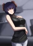 1girl bangs black_shirt blue_eyes blurry blurry_background breasts closed_mouth demon_girl hair_between_eyes highres indoors jewelry looking_at_viewer medium_breasts original pants pendant purple_hair shiny shiny_hair shirt short_hair sleeveless sleeveless_shirt solo standing white_pants z_umeshi 