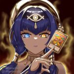 1girl artist_name bangs bare_shoulders blue_eyes blue_hair blurry blurry_background candace_(genshin_impact) card dark-skinned_female dark_skin dm_(nguyen_dm95) english_commentary exodia_the_forbidden_one fingerless_gloves genshin_impact gloves heterochromia holding long_hair looking_at_viewer parted_lips portrait shiny shiny_hair short_hair_with_long_locks solo teeth twintails watermark yellow_eyes yu-gi-oh!