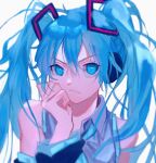  1girl absurdres bare_shoulders blue_eyes blue_hair closed_blue_(vocaloid) closed_mouth film_grain grey_background hair_between_eyes hatsune_miku head_rest highres long_hair looking_at_viewer merukoodo simple_background solo twintails upper_body vocaloid 