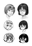  2girls absurdres art_shift asian bob_cut chanta_(ayatakaoisii) chibi closed_mouth eyewear_on_head glasses highres looking_at_viewer multiple_girls original portrait simple_background smile sunglasses white_background 