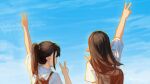  2girls absurdres arm_up backpack bag black_hair chinese_commentary commentary_request from_behind highres hua_ming_wink long_hair multiple_girls original outdoors pointy_ears ponytail scenery school_uniform shirt upper_body v white_shirt 