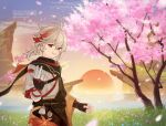  1boy antenna_hair arakawork asymmetrical_sleeves bandaged_arm bandaged_hand bandages bangs black_gloves black_scarf bow cherry_blossoms cliff clouds commentary_request crossed_bangs evening fingerless_gloves genshin_impact gloves grass grey_hair grey_kimono hair_between_eyes hand_up highres japanese_clothes kaedehara_kazuha kimono leaf_print long_sleeves looking_at_viewer low_ponytail male_focus maple_leaf_print medium_hair mountain multicolored_hair open_mouth outdoors petals ponytail red_eyes red_scarf redhead scarf short_sleeves sidelocks sky smile solo streaked_hair sun sunset tassel teeth tree upper_teeth water wide_sleeves 
