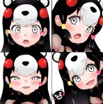  1girl akegata_tobari animal_ears bear_ears bear_girl black_bow black_bowtie black_dress black_hair blush bow bowtie chibi_kumamon_(kemono_friends) commentary_request dress extra_ears fangs grey_eyes hair_ornament heart heart_hair_ornament highres kemono_friends kumamon long_hair multicolored_hair multiple_views open_mouth redhead see-through sidelocks smile star_(symbol) star_hair_ornament white_hair 