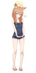  1girl absurdres animal_ear_fluff animal_ears bangs blue_archive blue_eyes braid full_body halo highres long_hair low_twin_braids mari_(blue_archive) one-piece_swimsuit orange_hair paw_print sandals sjuno standing swimsuit twin_braids 