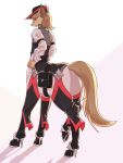  1boy animal_ears bangs belt belt_pouch black_belt black_headwear black_vest blonde_hair centaur closed_mouth commentary_request dog_ears fkufku from_behind full_body furry furry_male hat high_heels highres hooves horse_tail long_sleeves male_focus monster_boy multiple_legs original pouch red_eyes shadow shirt simple_background snout solo standing standing_on_three_legs tail taur vest white_shirt 