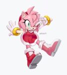  1girl amy_rose animal_nose boots commentary dress english_commentary furry furry_female green_eyes grin hairband hedgehog_girl highres kiikoi11 one_eye_closed pink_fur red_dress red_footwear red_hairband simple_background smile solo sonic_(series) twitter_username v white_background 