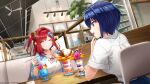  2girls blouse blue_hair blue_shirt breasts closed_eyes copyright dolphin_hair_ornament dolphin_wave facing_another game_cg green_scrunchie hair_ornament hair_scrunchie highres holding holding_spoon indoors large_breasts looking_at_another multiple_girls official_art one_side_up parfait redhead sakimiya_iruka scrunchie shirt short_hair sitting sparkle spoon tojou_michiru white_shirt 