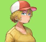  1girl aqua_eyes baseball_cap blonde_hair chanta_(ayatakaoisii) closed_mouth earrings green_background hat highres hoop_earrings jewelry looking_at_viewer original shirt short_hair simple_background solo upper_body yellow_shirt 