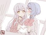  2girls :o aizawa_kazuha artist_name assault_lily bangs blue_eyes blue_hair blush bow bowtie breasts brown_sailor_collar closed_mouth commentary curtains dutch_angle food gochisousama_(tanin050) grey_hair grey_ribbon hair_ribbon hand_up herensuge_girls_academy_school_uniform high_collar holding holding_spoon indoors jacket kanba_girls_high_school_uniform kon_kanaho long_hair long_sleeves looking_at_another looking_to_the_side medium_breasts multiple_girls necktie nerunerunerune parted_lips profile red_bow red_bowtie red_shirt ribbon sailor_collar school_uniform serafuku shirt short_hair side-by-side sidelocks spoon sweatdrop sweets table upper_body wavy_mouth white_jacket white_necktie window yellow_eyes yuri 