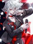  1boy alternate_costume bishounen bob_cut choker daleth_(sky:_children_of_the_light) grey_hair highres holding holding_microphone inverted_bob male_focus microphone red_choker red_eyes short_hair sky:_children_of_the_light solo vest white_hair xiaoniaodenanpiao 