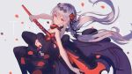  1girl axe bangs bare_shoulders black_dress black_footwear boots character_name deadjdk dress flower frilled_dress frills grey_background hair_flower hair_ornament highres holding holding_axe holding_weapon honkai_(series) honkai_impact_3rd long_hair looking_at_viewer petals red_eyes red_flower red_rose rose smile strapless strapless_dress theresa_apocalypse theresa_apocalypse_(luna_kindred) thigh_boots twintails weapon white_hair 
