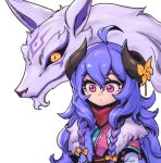  1girl ahoge alternate_eye_color bangs blue_hair bow braid curled_horns flower hair_between_eyes hair_bow hair_flower hair_ornament horn_flower horns japanese_clothes kindred_(league_of_legends) lamb_(league_of_legends) league_of_legends long_hair looking_down official_alternate_costume official_alternate_hairstyle phantom_ix_row pink_eyes purple_hair shiny shiny_hair spirit_blossom_(league_of_legends) spirit_blossom_kindred twin_braids white_fur wolf_(league_of_legends) yellow_bow yellow_eyes 