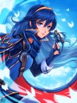  1girl absurdres alina_l armor bangs blue_cape blue_eyes blue_gloves blue_hair blue_sky cape closed_mouth clouds commentary fingerless_gloves fire_emblem fire_emblem_awakening floating_hair gloves hair_between_eyes highres holding holding_mask lips long_hair long_sleeves looking_at_viewer lucina_(fire_emblem) mask pauldrons pink_lips red_cape shoulder_armor signature sky solo tiara twitter_username two-tone_cape 
