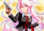  1girl animal_ears black_jacket blazer blush breasts collared_shirt commentary_request crescent crescent_pin dress_shirt gun hair_between_eyes highres holding holding_gun holding_weapon jacket long_hair long_sleeves medium_breasts necktie open_mouth pink_hair pink_skirt qqqrinkappp rabbit_ears red_eyes red_necktie reisen_udongein_inaba shirt skirt smile solo touhou traditional_media upper_body very_long_hair weapon white_shirt 