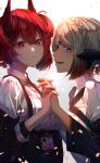  2girls arknights au_ra avatar_(ff14) blue_eyes fiammetta_(arknights) final_fantasy final_fantasy_xiv highres holding_hands multicolored_hair multiple_girls open_mouth red_eyes redhead short_hair tktk-tnk white_hair yuri 