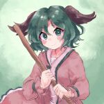  1girl animal_ears blush broom closed_mouth dog_ears dress green_eyes green_hair hair_between_eyes highres himari_ra holding holding_broom kasodani_kyouko long_sleeves one-hour_drawing_challenge pink_dress short_hair smile solo touhou upper_body 