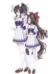  2girls animal_ears black_hair daiichi_ruby_(umamusume) daitaku_helios_(umamusume) drill_hair full_body hair_ornament hair_ribbon height_difference highres horse_ears horse_tail kh87136648 looking_to_the_side multicolored_hair multiple_girls red_eyes ribbon simple_background tail thigh-highs umamusume vector_trace white_background yellow_eyes 