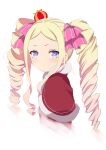  1girl bangs beatrice_(re:zero) blonde_hair blue_eyes bow capelet crown drill_hair from_side grey_background hair_bow highres long_hair looking_at_viewer looking_to_the_side mini_crown pink_bow re:zero_kara_hajimeru_isekai_seikatsu red_capelet ribbon sidelocks simple_background symbol-shaped_pupils twin_drills upper_body yasehattagi 