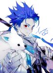  1boy blue_hair braid closed_mouth cu_chulainn_(fate) earrings fang fang_out fate/grand_order fate/grand_order_arcade fate_(series) fingernails highres jewelry looking_at_viewer male_focus pigeon666 red_eyes setanta_(fate) simple_background skin_fang smile solo white_background 