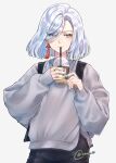  1girl alternate_costume alternate_hair_length alternate_hairstyle bangs black_pants blue_nails contemporary cup disposable_cup drinking_straw_in_mouth english_commentary genshin_impact grey_background grey_eyes grey_hair grey_sweater hair_over_one_eye holding holding_cup l_(ldraws10) looking_to_the_side medium_hair pants shenhe_(genshin_impact) solo sweater twitter_username 