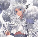  1girl balloon blue_eyes branch commentary_request ear_piercing earrings expressionless flower frog from_below holding holding_umbrella jewelry looking_at_viewer minami_(minami373916) neckerchief original piercing skirt solo umbrella upper_body white_hair white_neckerchief white_theme 