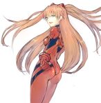  1girl ass blue_eyes bodysuit brown_hair from_below from_side interface_headset lala_(0915_yu) long_hair looking_at_viewer multicolored_bodysuit multicolored_clothes neon_genesis_evangelion plugsuit red_bodysuit smile solo souryuu_asuka_langley two_side_up white_background 