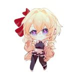  +_+ 1girl black_pants black_shirt blonde_hair blue_eyes bow braid brown_sweater chibi chinese_commentary crop_top hair_bow leaning_to_the_side liu_bian_meiyou_ni_wo_zenme_huo nijisanji off_shoulder pants red_bow shirt smile solo sweater twin_braids virtuareal white_background yukie_(virtuareal) 