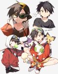  1boy ? backwards_hat baseball_cap black_hair black_shirt bubble_blowing character_request child egg ethan_(pokemon) goggles goggles_on_head hat highres holding hood hooded_jacket jacket long_sleeves looking_at_viewer male_child male_focus open_mouth pants pk_mamama pokemon pokemon_(creature) pokemon_egg shirt shoes short_hair simple_background smile sneakers white_background yellow_eyes 