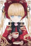  1girl absurdres bangs blonde_hair blue_eyes bonnet bow capelet cup drill_hair flower hair_ribbon hano_luno highres holding holding_cup holding_saucer long_hair long_sleeves looking_at_viewer parted_lips ribbon rose rozen_maiden saucer shinku solo teacup twintails 