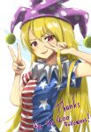  1girl absurdres american_flag_dress arm_up bangs blonde_hair blue_nails blush breasts clownpiece commentary_request dress english_text eyes_visible_through_hair fairy_wings fingernails gurina_15 hair_between_eyes hands_up hat highres jester_cap long_fingernails long_hair looking_at_viewer multicolored_nails nail_polish neck_ruff open_mouth polka_dot purple_headwear red_eyes red_nails short_sleeves simple_background small_breasts smile solo standing star_(symbol) star_print striped striped_dress tongue touhou transparent_wings v-shaped_eyebrows white_background wings 