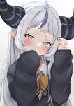  1girl absurdres ahoge alternate_hairstyle black_nails blush grey_hair highres hololive horns la+_darknesss looking_at_viewer mutsumi326 neck_ribbon pointy_ears purple_nails ribbon simple_background sleeves_past_wrists solo virtual_youtuber white_background 