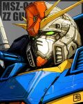  absurdres black_background green_eyes grey_background gundam gundam_zz highres looking_up mecha mobile_suit moyan no_humans portrait procreate_(medium) robot science_fiction solo v-fin zz_gundam 