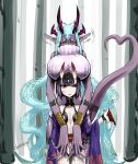 2girls absurdres aqua_eyebrows aqua_hair aqua_nails bob_cut body_markings breast_rest breasts breasts_on_head closed_eyes colored_skin cup demon_horns dress dual_persona expressive_tail eyeliner fate/grand_order fate_(series) grey_skin headpiece heart heart_tail height_difference highres horns ibuki_douji_(fate) japanese_clothes kimono large_breasts long_fingers long_hair makeup multiple_girls multiple_horns obossoss oni oni_horns open_clothes open_kimono pointy_ears purple_hair purple_kimono revealing_clothes ribbed_dress sakazuki short_eyebrows short_hair shuten_douji_(fate) skin-covered_horns sleeveless sleeveless_sweater sweater tail time_paradox turtleneck turtleneck_dress turtleneck_sweater type-moon violet_eyes