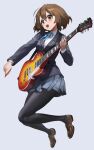  1girl :d bangs black_pantyhose blazer blue_jacket blue_ribbon blue_skirt blush brown_eyes brown_footwear brown_hair commentary_request electric_guitar full_body guitar highres hirasawa_yui holding holding_instrument instrument jacket jumping k-on! loafers long_sleeves looking_at_viewer neck_ribbon open_mouth pantyhose pleated_skirt revision ribbon sakuragaoka_high_school_uniform school_uniform shirt shoes short_hair skirt smile solo teeth ttk_(kirinottk) upper_teeth white_shirt 