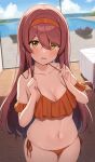  1girl absurdres bikini blurry blurry_background blush clouds debi_tarou embarrassed frilled_bikini frills furrowed_brow hairband highres horizon idolmaster idolmaster_shiny_colors indoors long_hair looking_at_viewer midriff navel ocean off-shoulder_bikini off_shoulder orange_bikini osaki_tenka parted_lips plump redhead skindentation sky swimsuit tears wanimaru yellow_eyes 