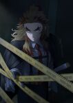  1boy alternate_costume belt belt_buckle black_jacket black_pants blonde_hair brown_belt buckle caution_tape closed_mouth collared_shirt frown gloves grey_gloves highres indoors jacket jacket_on_shoulders keep_out kimetsu_no_yaiba long_hair looking_at_viewer male_focus multicolored_hair necktie pants red_necktie redhead remsor076 rengoku_kyoujurou shirt solo standing straight_hair twitter_username two-tone_hair white_shirt wing_collar yellow_eyes 