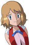  1girl bangs bare_arms blonde_hair blue_eyes blue_ribbon closed_mouth collarbone commentary eyelashes highres ia_(ilwmael9) looking_at_viewer medium_hair neck_ribbon no_headwear pokemon pokemon_(anime) pokemon_xy_(anime) ribbon serena_(pokemon) simple_background smile solo upper_body white_background 