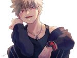  1boy adcalcium bakugou_katsuki black_jacket black_pants black_tank_top blonde_hair boku_no_hero_academia collarbone commentary_request highres jacket jewelry knees_up long_sleeves looking_at_viewer male_focus necklace open_mouth pants red_eyes short_hair signature simple_background sitting smile solo spiky_hair tank_top upper_body watch white_background 