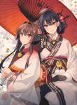  2girls alternate_hairstyle black_hair blush brown_eyes brown_hair closed_mouth floral_print flower hair_between_eyes hair_flower hair_ornament headgear highres holding holding_umbrella japanese_clothes kantai_collection kasumi_(skchkko) kimono long_hair long_sleeves looking_at_viewer multiple_girls nagato_(kancolle) official_alternate_costume oil-paper_umbrella pink_flower pom_pom_(clothes) ponytail print_kimono red_eyes red_umbrella smile umbrella upper_body white_kimono wide_sleeves yamato_(kancolle) 