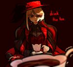  1girl blonde_hair blurry blurry_foreground centurii-chan_(artist) chair colored_eyelashes commentary cup dress english_commentary english_text hat_feather highres holding holding_cup holding_plate lips looking_at_viewer original parted_lips plate pov red_background red_dress red_eyes red_headwear sidelocks simple_background sitting solo tea 