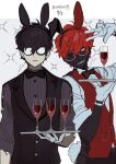  2boys alcohol alternate_color alternate_costume amamiya_ren animal_ears bangs black-framed_eyewear black_bow black_bowtie black_hair black_skin black_vest bow bowtie btmr_game bunny_day colored_skin dated dual_persona fake_animal_ears glasses gloves hair_between_eyes holding holding_tray male_focus multiple_boys one_eye_closed opaque_glasses persona persona_5 persona_5_scramble:_the_phantom_strikers redhead signature simple_background sparkle tray upper_body vest w white-framed_eyewear white_gloves yellow_eyes 