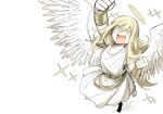  +_+ 1girl :d angel angel_wings barefoot blonde_hair dress halo hand_up kankan33333 original simple_background smile solo sparkle spread_wings victory_pose white_background white_dress white_wings wings yellow_eyes 